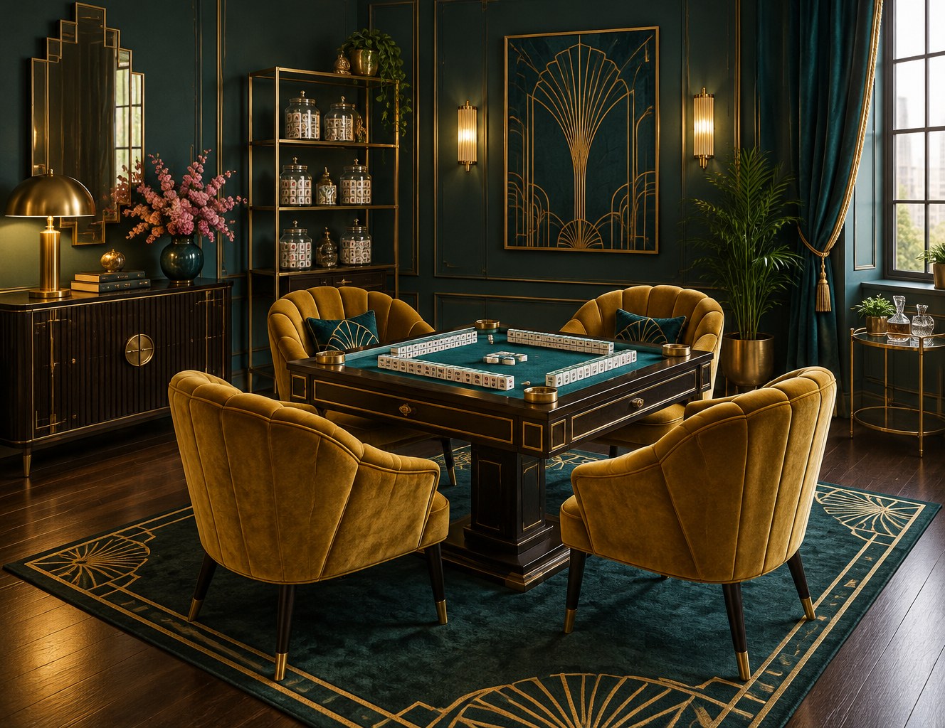 Art Deco mahjong room with deep teal walls, golden chairs, and a welcoming game table