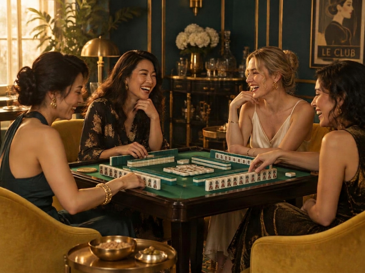 Friends laughing together around a mahjong table in a teal Art Deco room