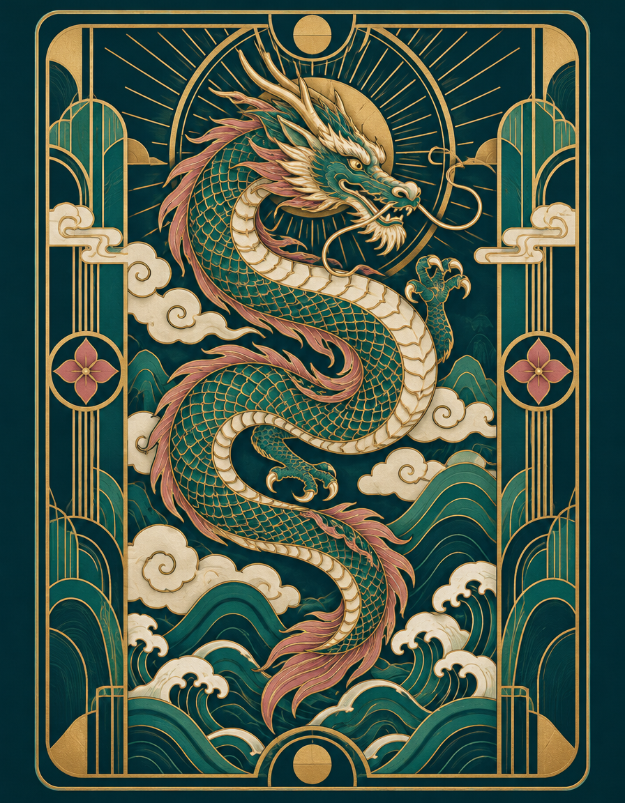 Art deco dragon mahjong tile in gold on deep teal