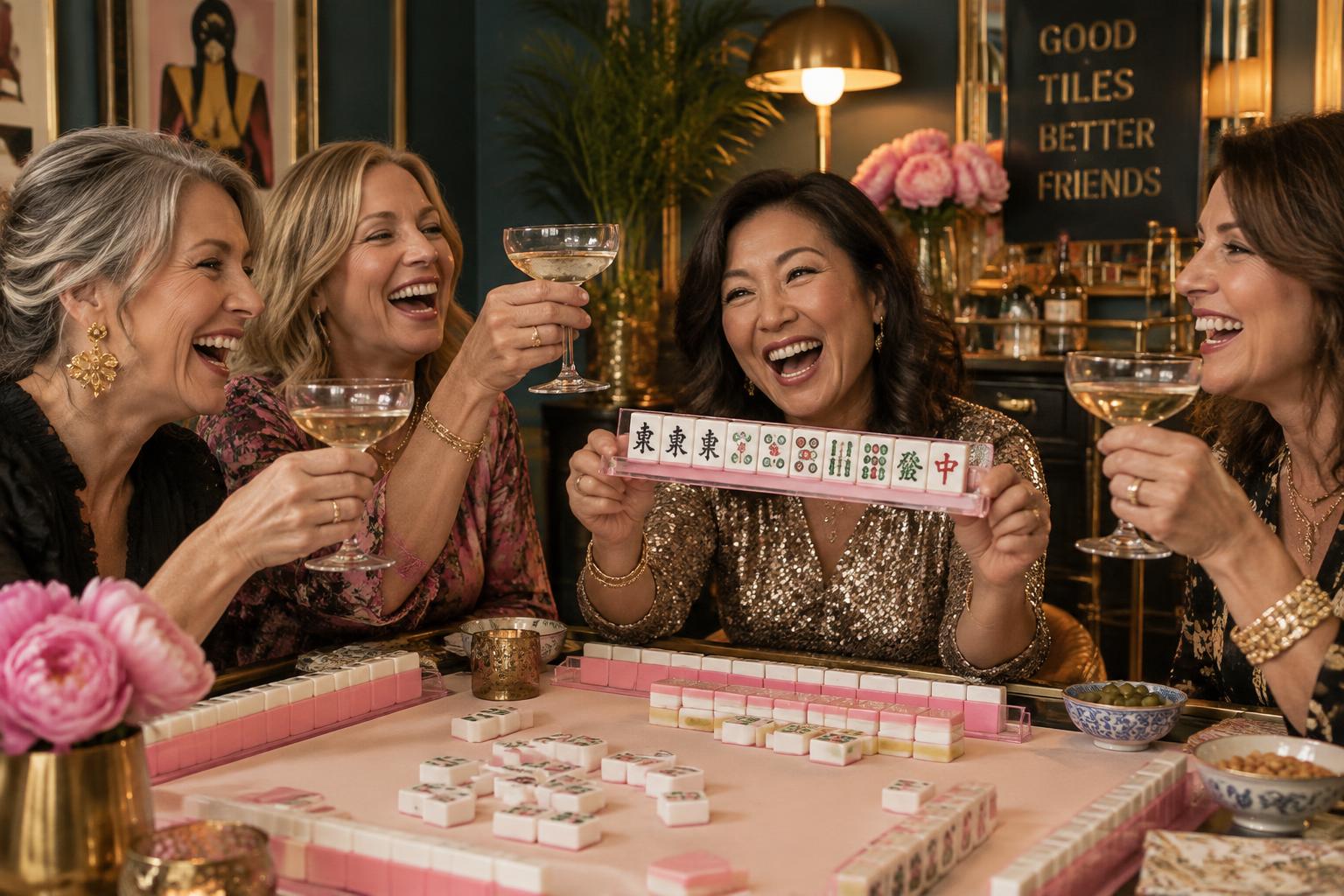 Four friends celebrating a winning mahjong hand with champagne