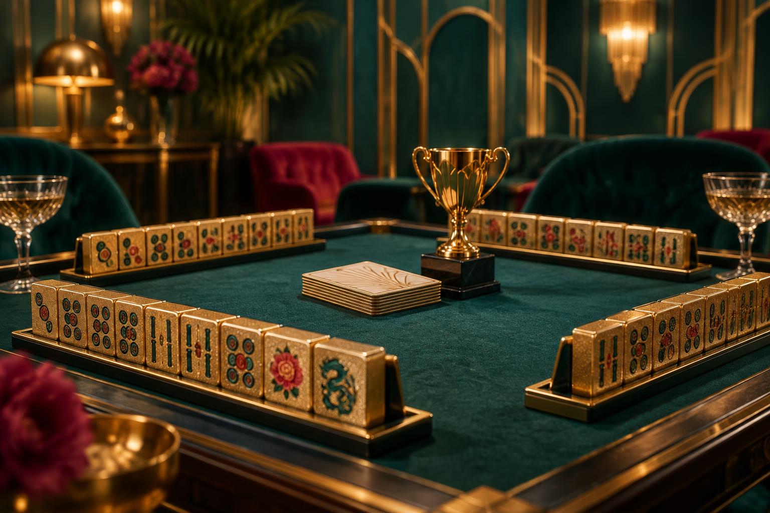 Gold trophy and score cards on a teal mahjong table set for a tournament